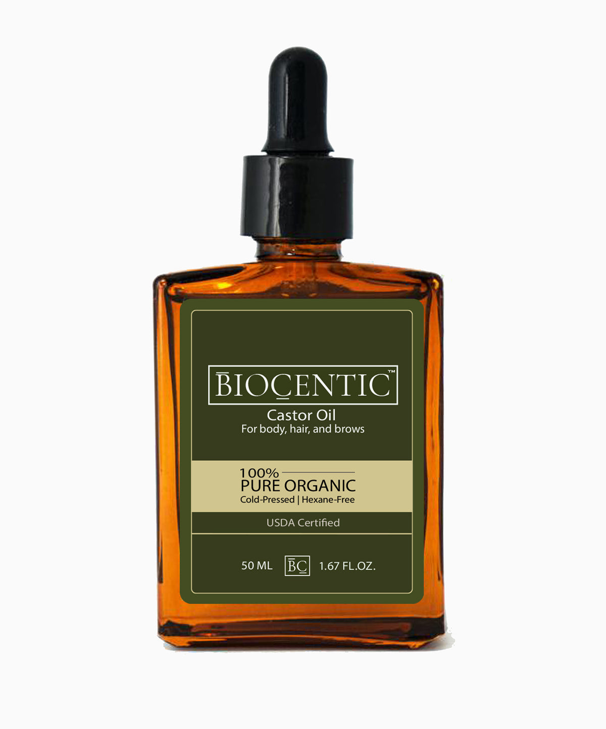 BIOCENTIC castor oil for lashes and brows in a 50 mL amber glass bottle