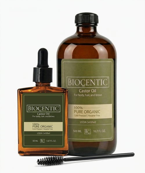 bundle of a small travel size 50ml and a big 500ml of 100% pure organic castor oil with a lash and brow applicator brush